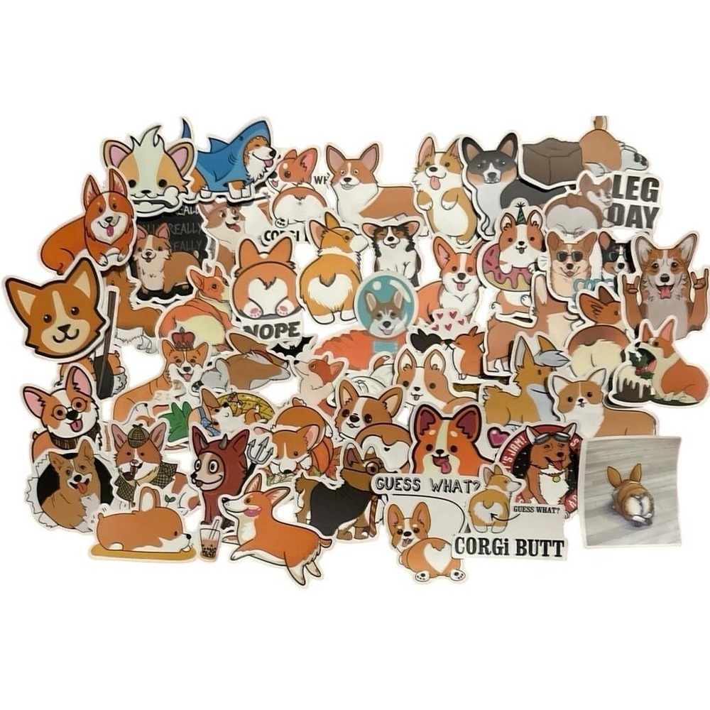 NEW 50pc Full Color Vinyl Cute Cartoon Corgi Stickers for Water Bottles, etc